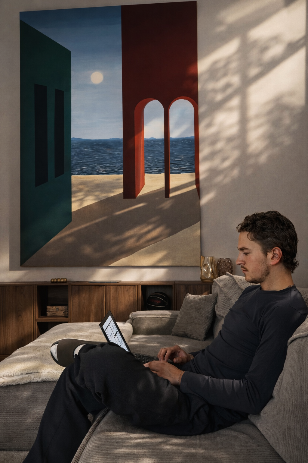 Ein junger Mann sitzt auf einem grauen Sofa vor einer großen Wandmalerei, die einen offenen Türrahmen mit Blick auf eine Meeresküste bei Sonnenuntergang zeigt. Er arbeitet auf einem Laptop und trägt eine schwarze, langärmlige Kleidung.