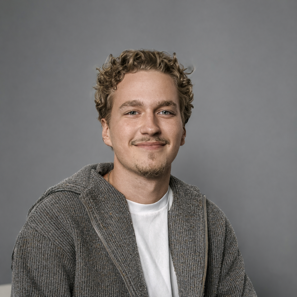 Porträt eines jungen Mannes mit lockigem Haar, leichtem Bart und einem freundlichen Lächeln vor grauem Hintergrund, trägt graue Jacke und weißen T-Shirt.