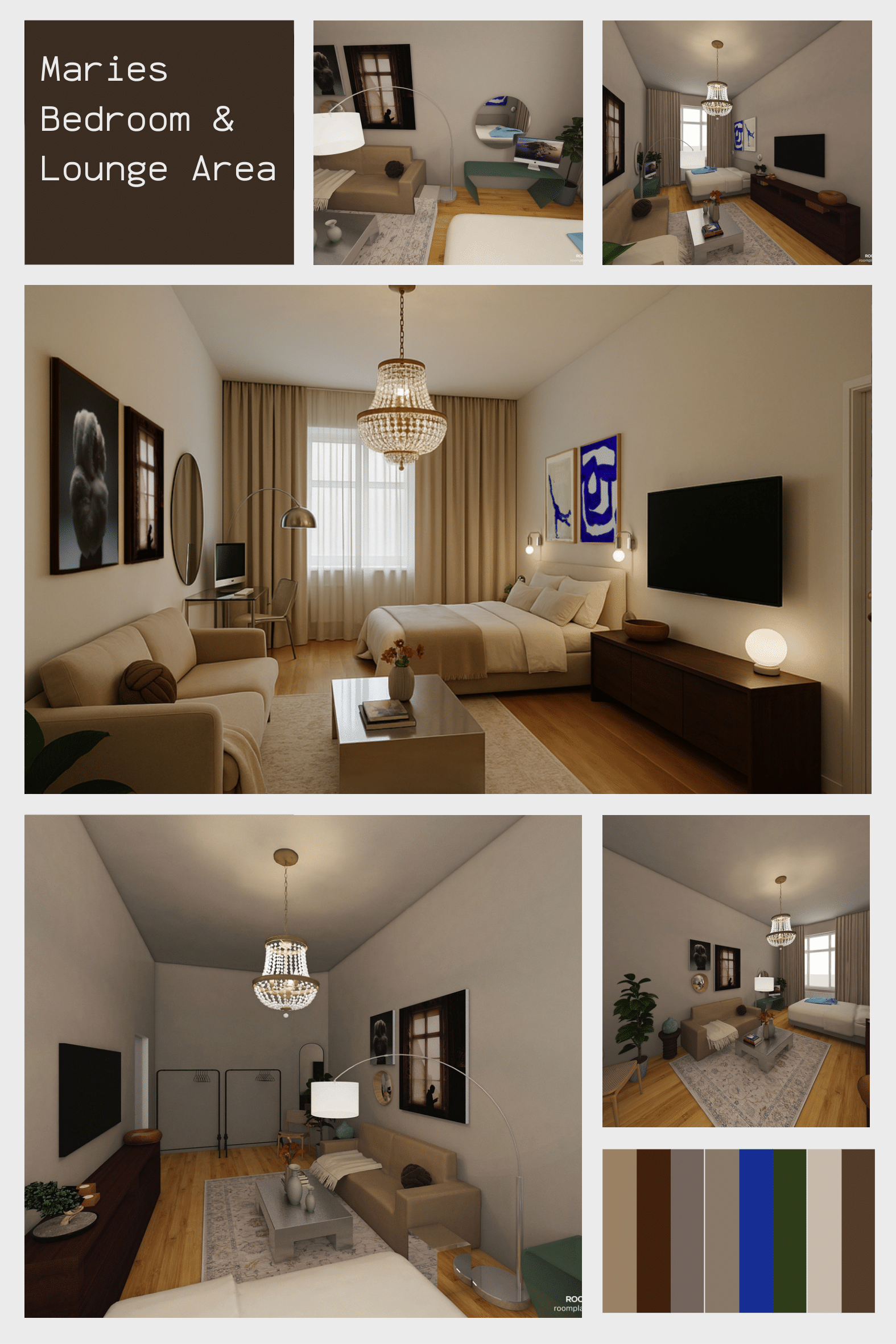 Innenaufnahme eines Hotelzimmers mit Schlafzimmer- und Lounge-Bereich, Wanddekorationen, moderner Einrichtung und Holzfußboden.