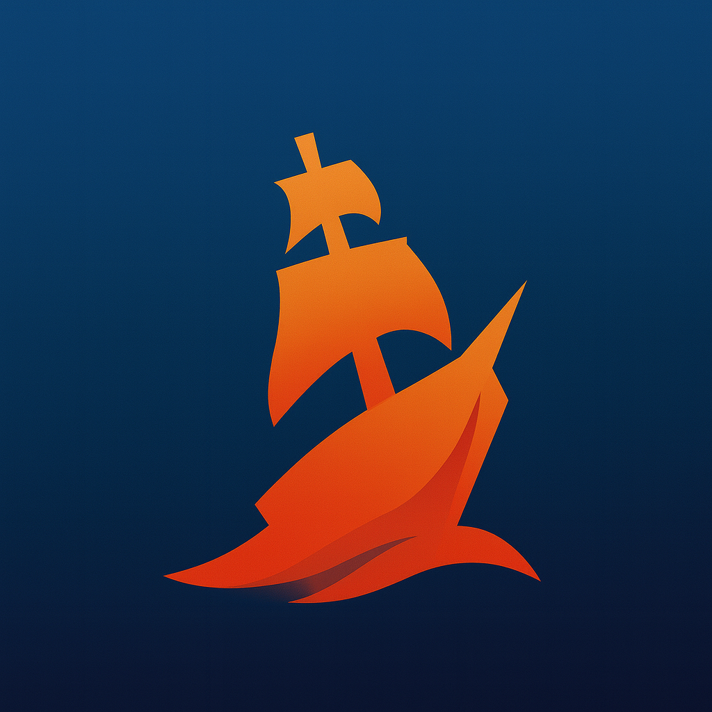 Minimalist orange ship logo with sails and a sea wave on a dark blue background.