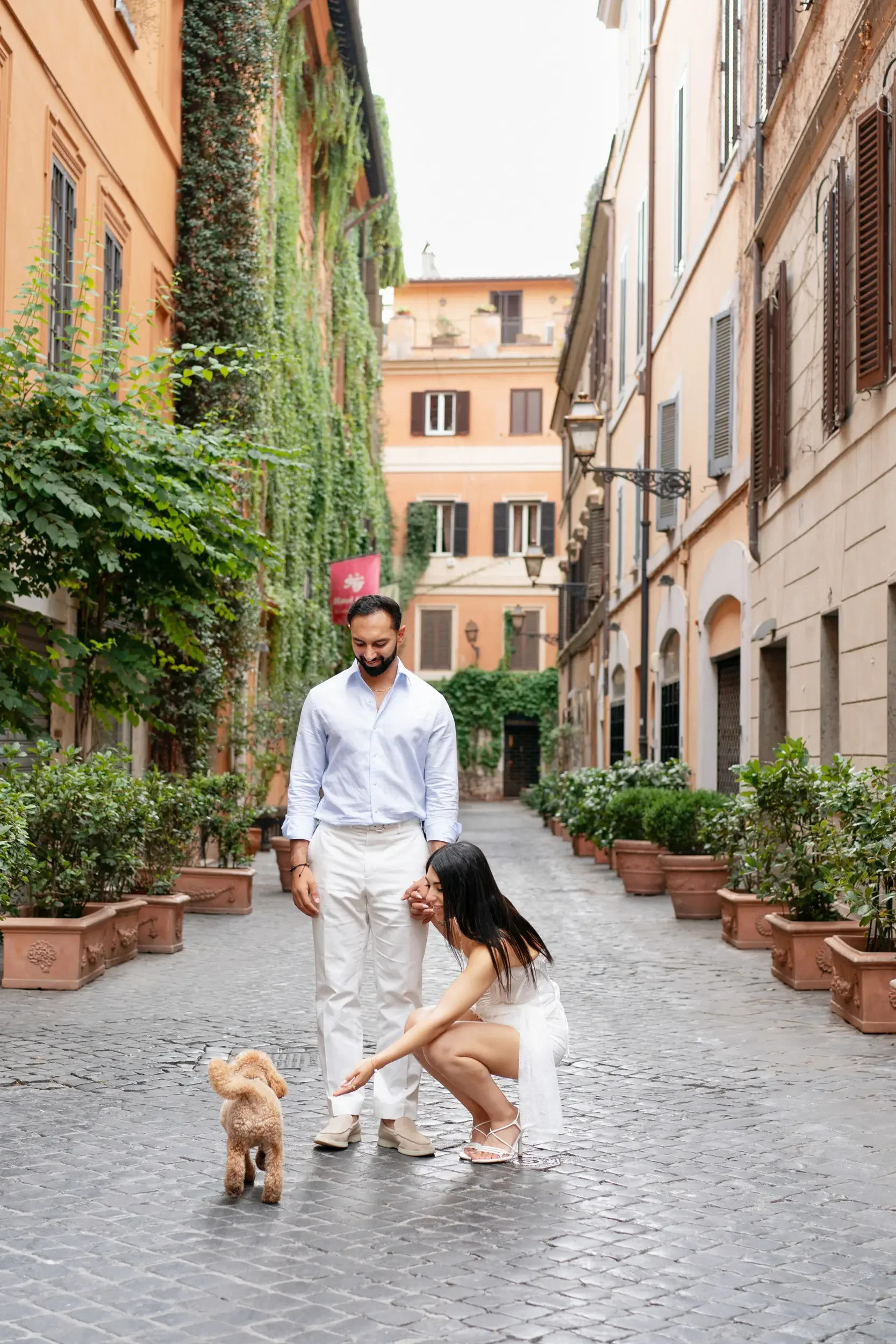 A man and woman in white clothing in a narrow, cobblestone street lined with potted plants, with a small dog between them, in an urban setting with buildings covered in greenery.