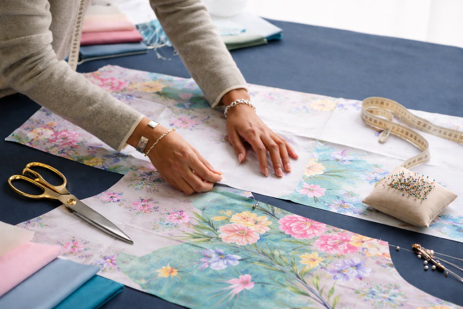A person working on a floral fabric sewing project with scissors, measuring tape, and sewing pins on a table.