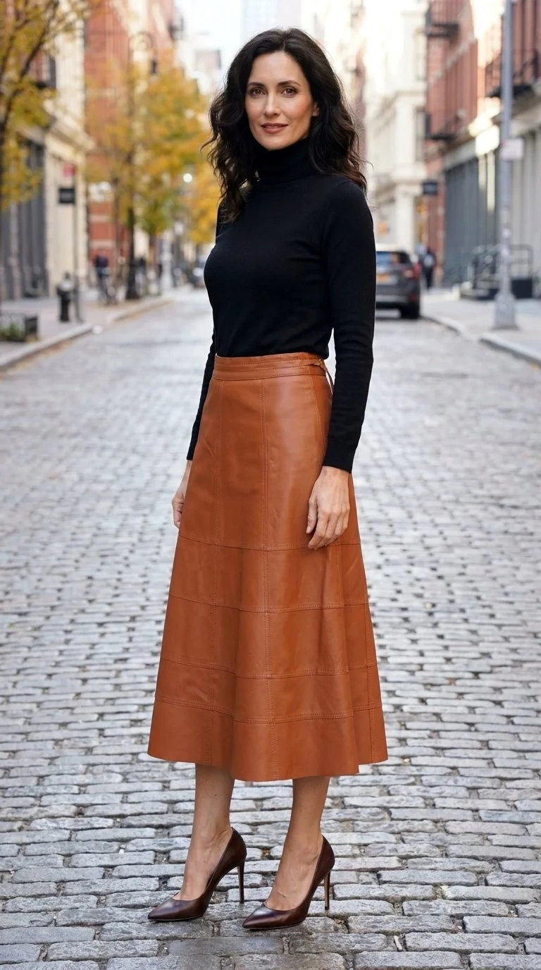 Patricia Motta - Stunning Leather A-Line Midi Skirt Size 40