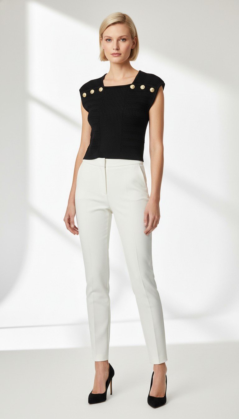 Balmain - Elegant Black Knit Sleeveless Top with Gold Buttons Size 38