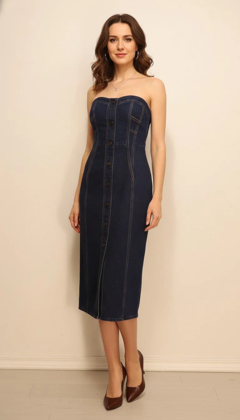 Veronica Beard - Denim Button‑Front Dress Strapless Denim Midi Dress Size 4