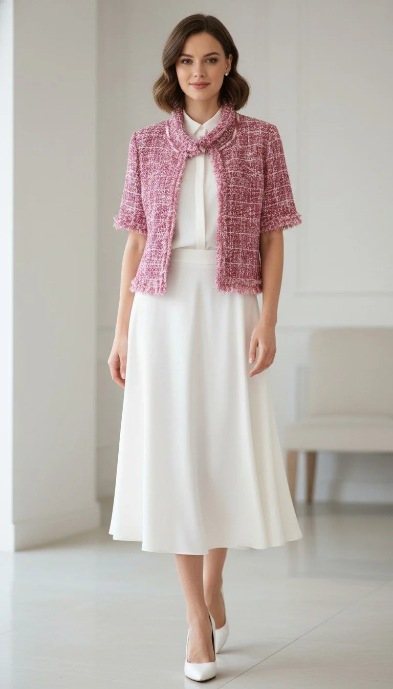 Zara - Pink & White Tweed Short Sleeve Jacket Size S