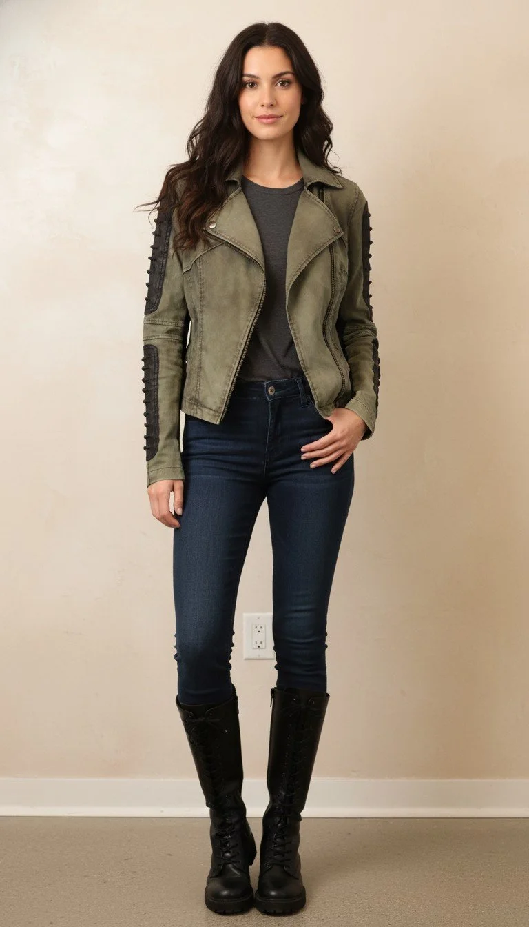 Gracia - Edgy Olive Moto Jacket Size M