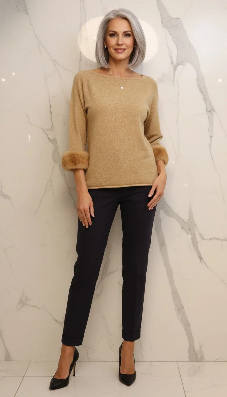 MaxMara - Fur-Trimmed Cozy Knit Sweater Size XL