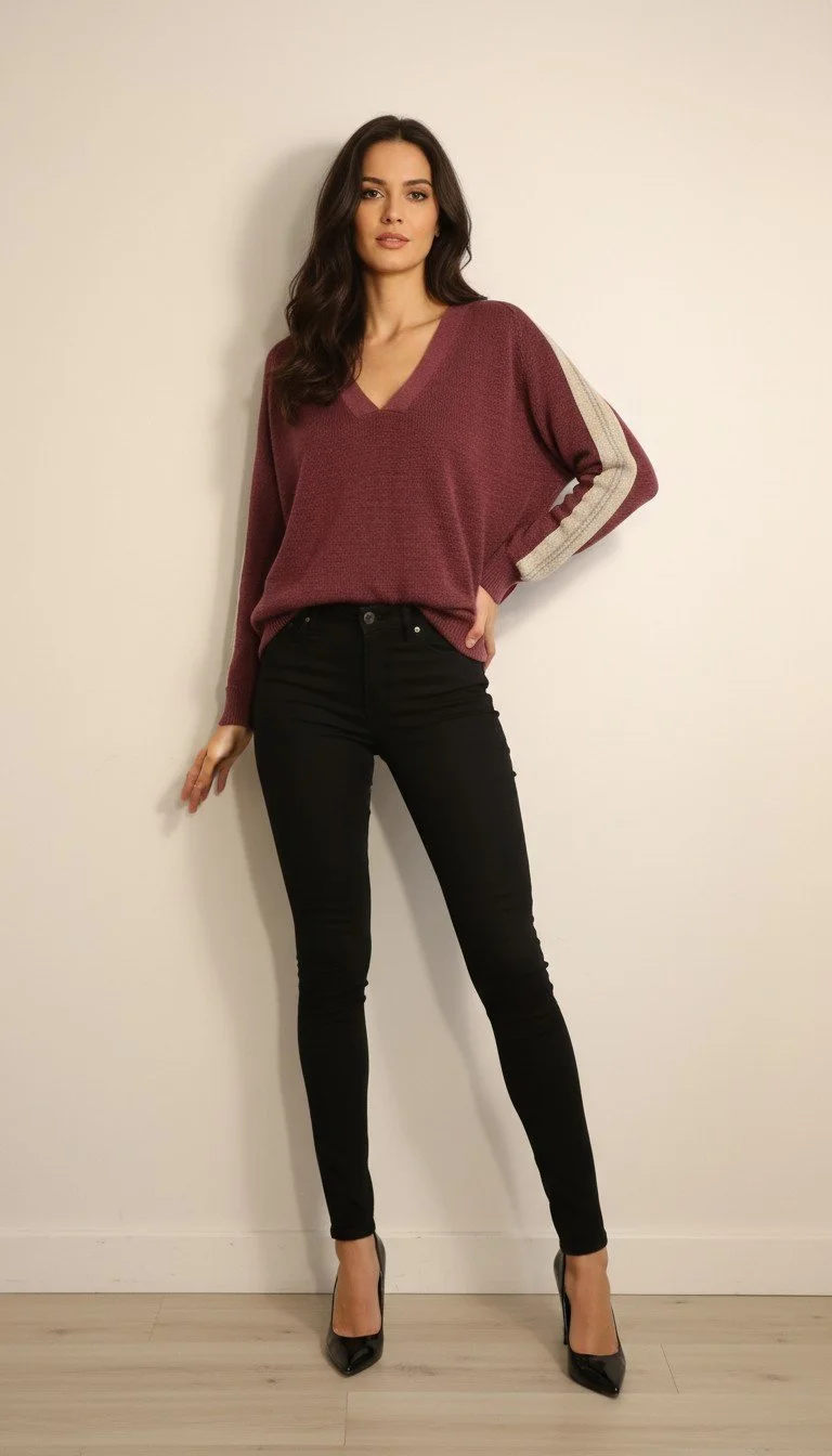 Bruno Cucinelli Chic Burgundy Knit Sweater with V-Neck and Striped Shoulders Size S
