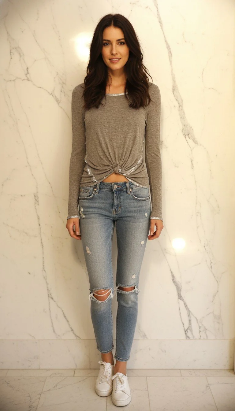 Zadig & Voltaire - Chic Gray Knot-Front Top with Metallic Trim Size S