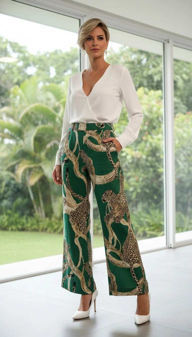 PINCOROCA - 100% Linho Fabric - Wild Elegance Printed Pantsuit