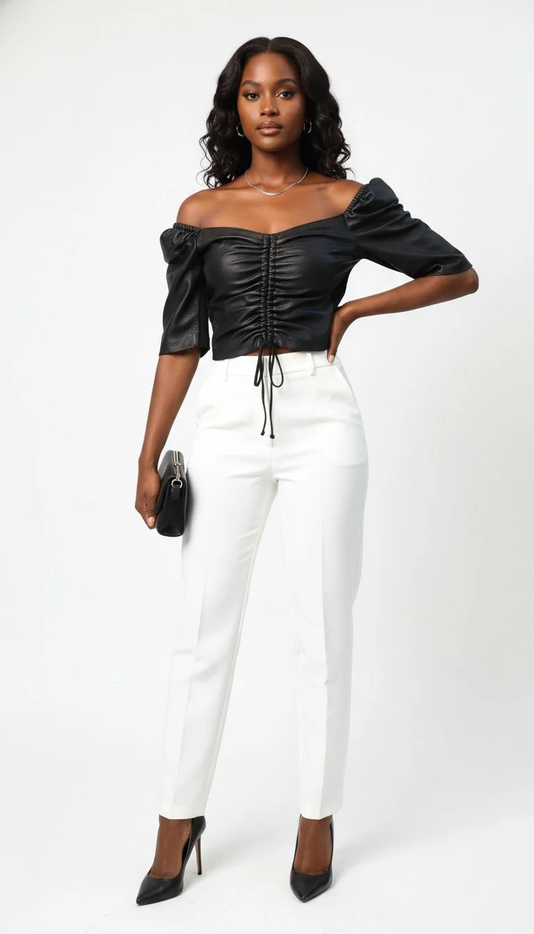 Juliana Sanmartin - Off-Shoulder Black Faux Leather Crop Top Size 2