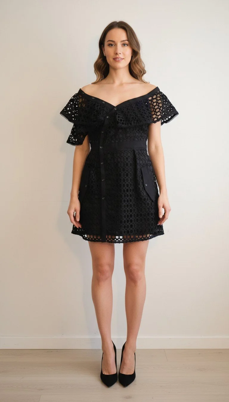 Haute Rogue - Elegant Off-Shoulder Black Lace Dress Size S
