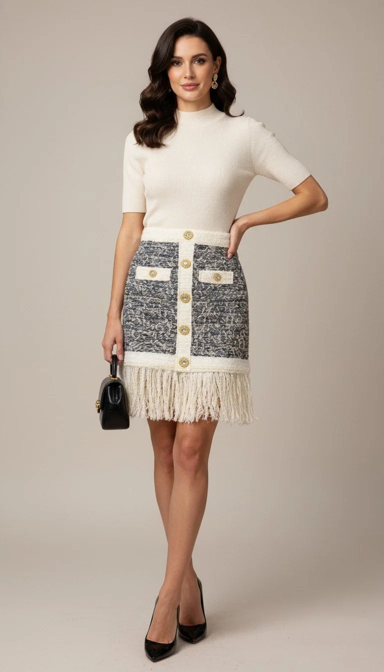 Balmain - Chic Tweed Fringe Skirt with Gold-Tone Detailing Size 36