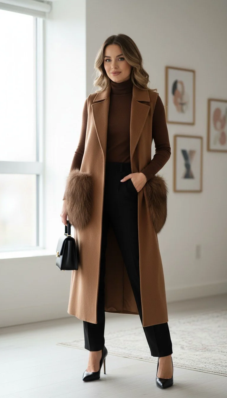 Olivia Preckel - Stylish Brown Longline Vest with Faux Fur Accents Size S
