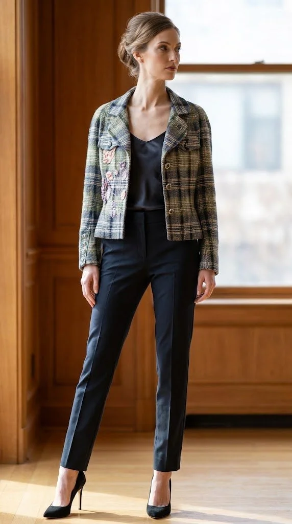 Chanel - Vintage Embroidered Floral Plaid Jacket Size 40