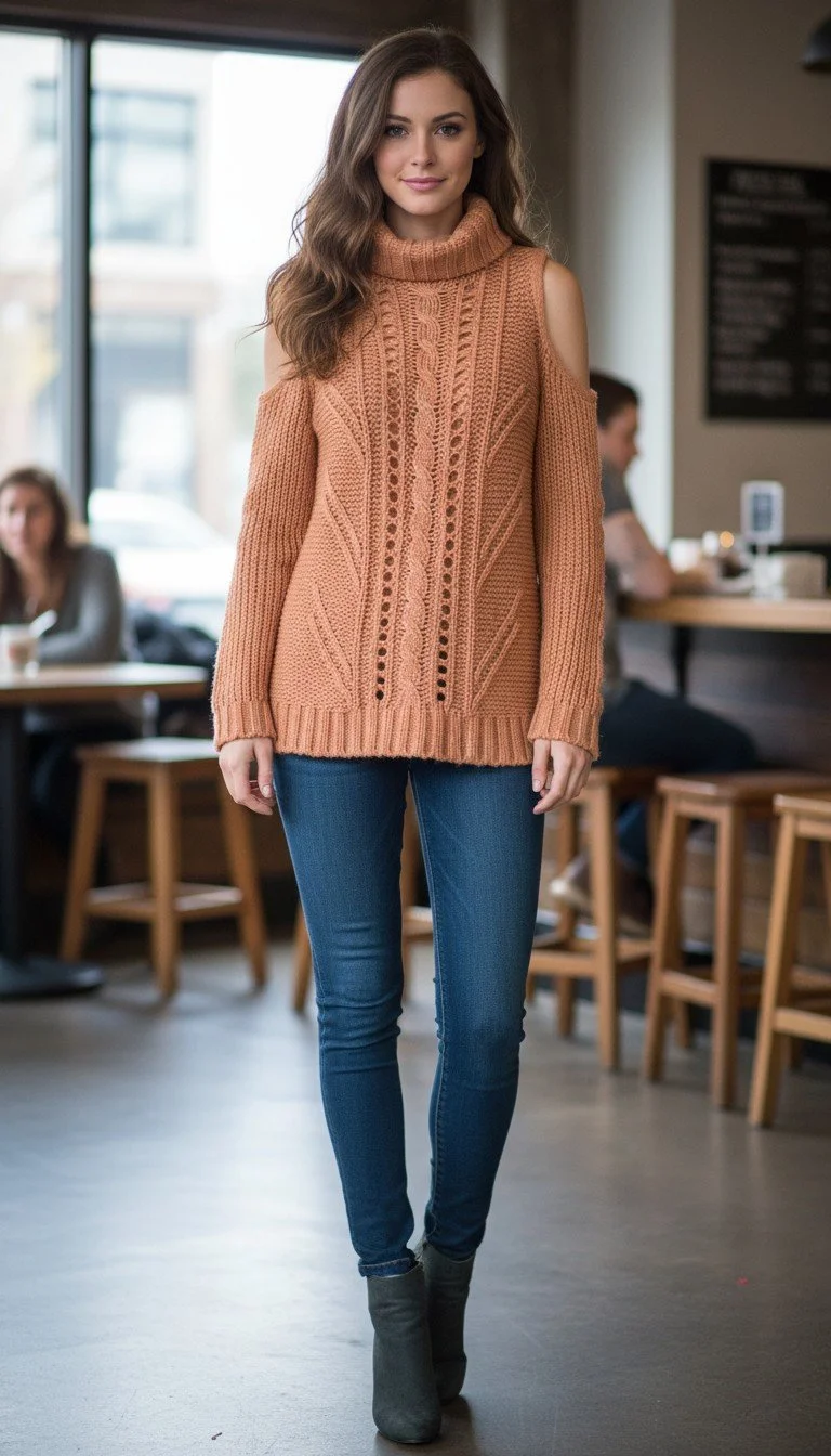 Pam & Gela - Chic Turtleneck Cold-Shoulder Sweater Size S