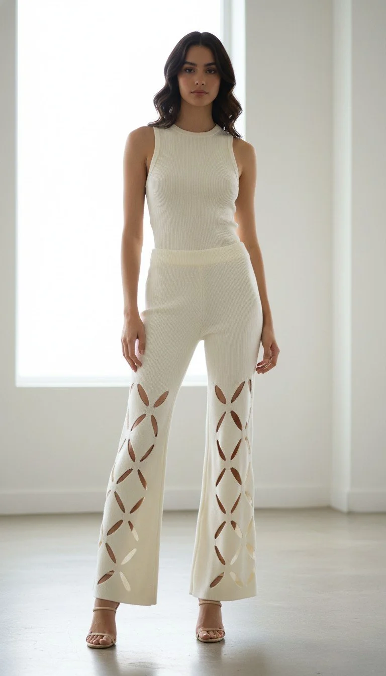Beige Botany - Chic Lattice Cut-Out White Pants Size L