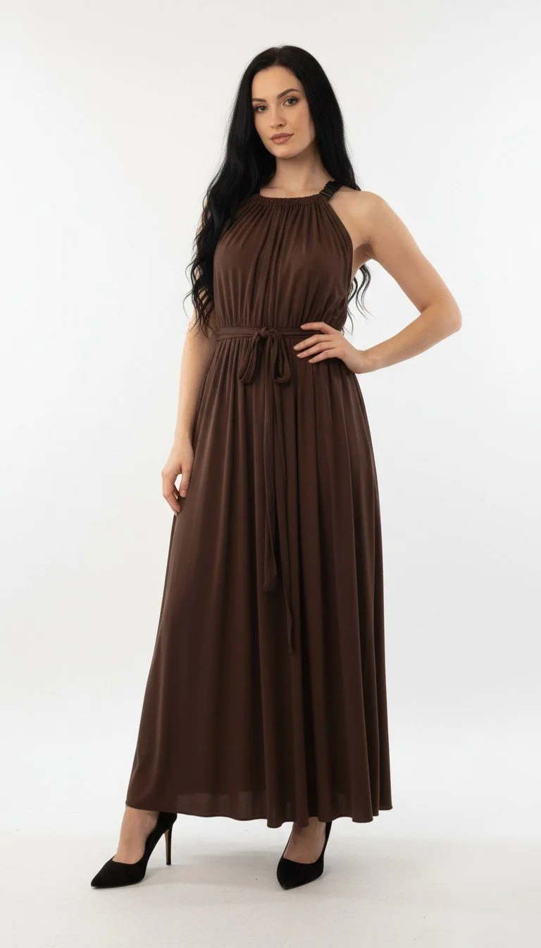 Matteo - Elegant Brown Halter Maxi Dress - Size Small
