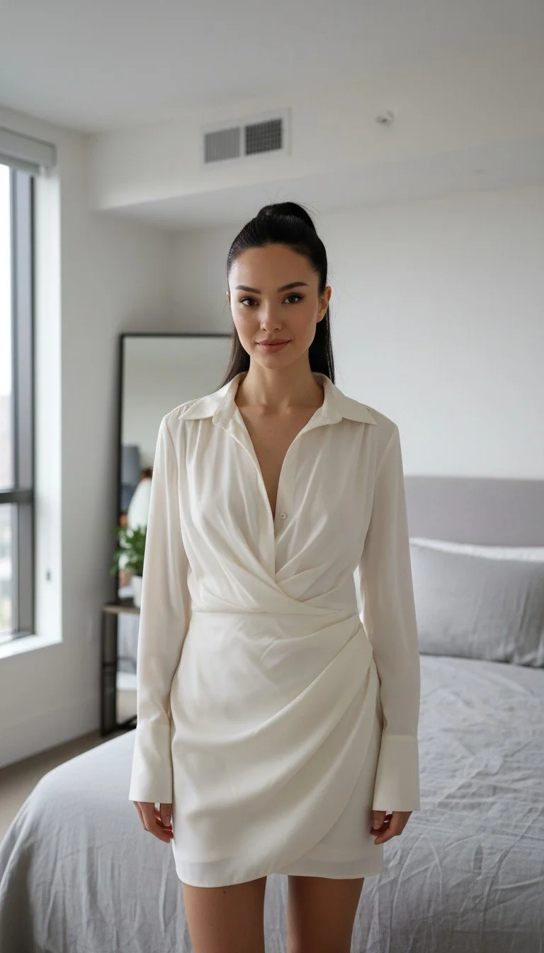 Guage 81 - Elegant Long Sleeve White Wrap Dress