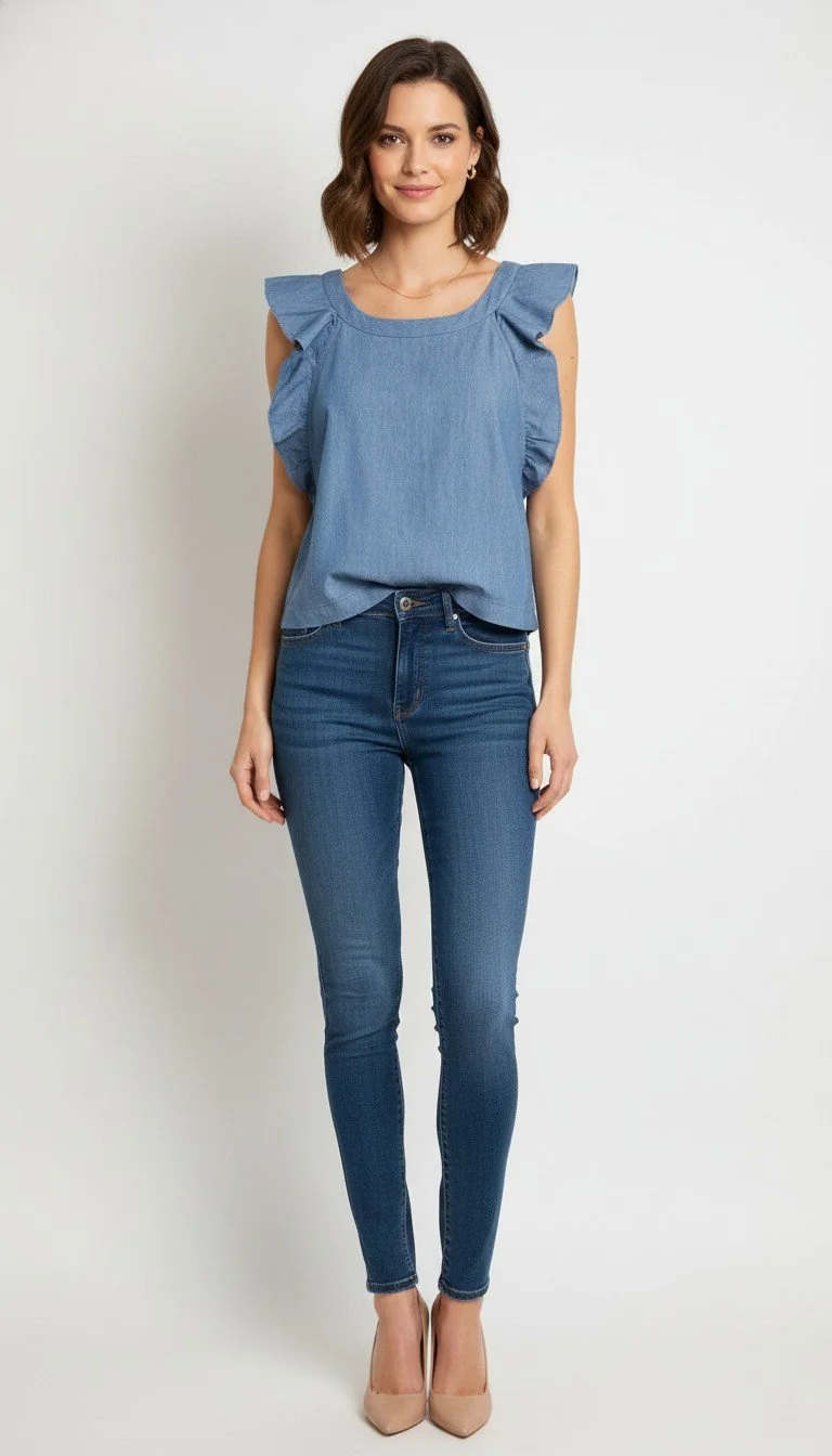 Club Monaco - Elegant Ruffle Sleeve Denim Top Size S/P