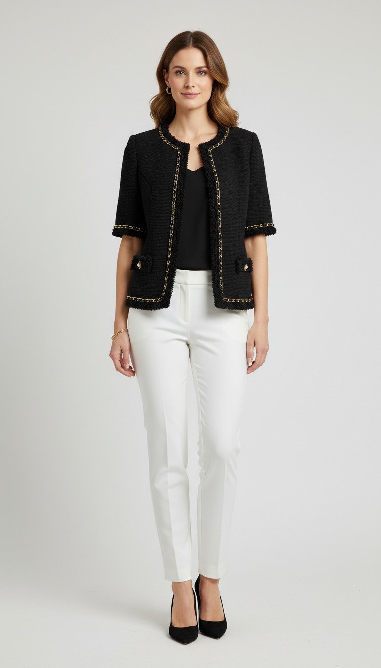 Edward Achour Paris - Chic Black Jacket with Gold Chain Accents Size S