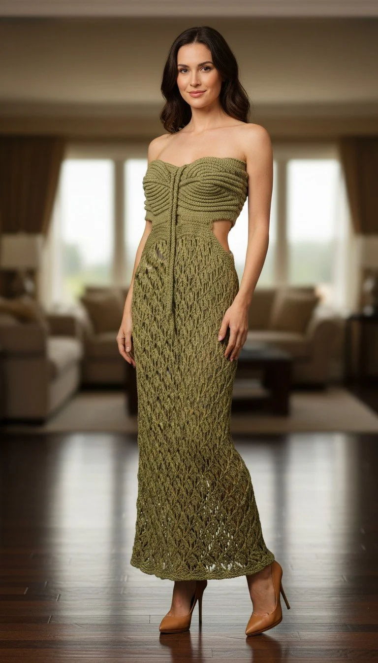 Olivia Preckel - Elegant Handcrafted Olive Knitted Dress Size S