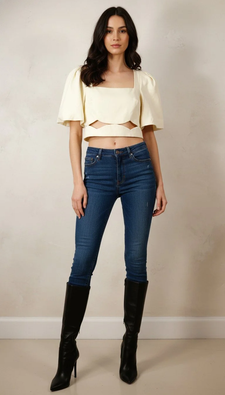 Adreana Degrease - Linen‑Blend Puff Sleeve Crop Top Size M