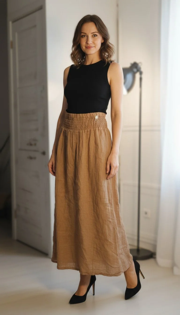 Mora - Elegant High-Waisted Linen Blend Skirt Size S
