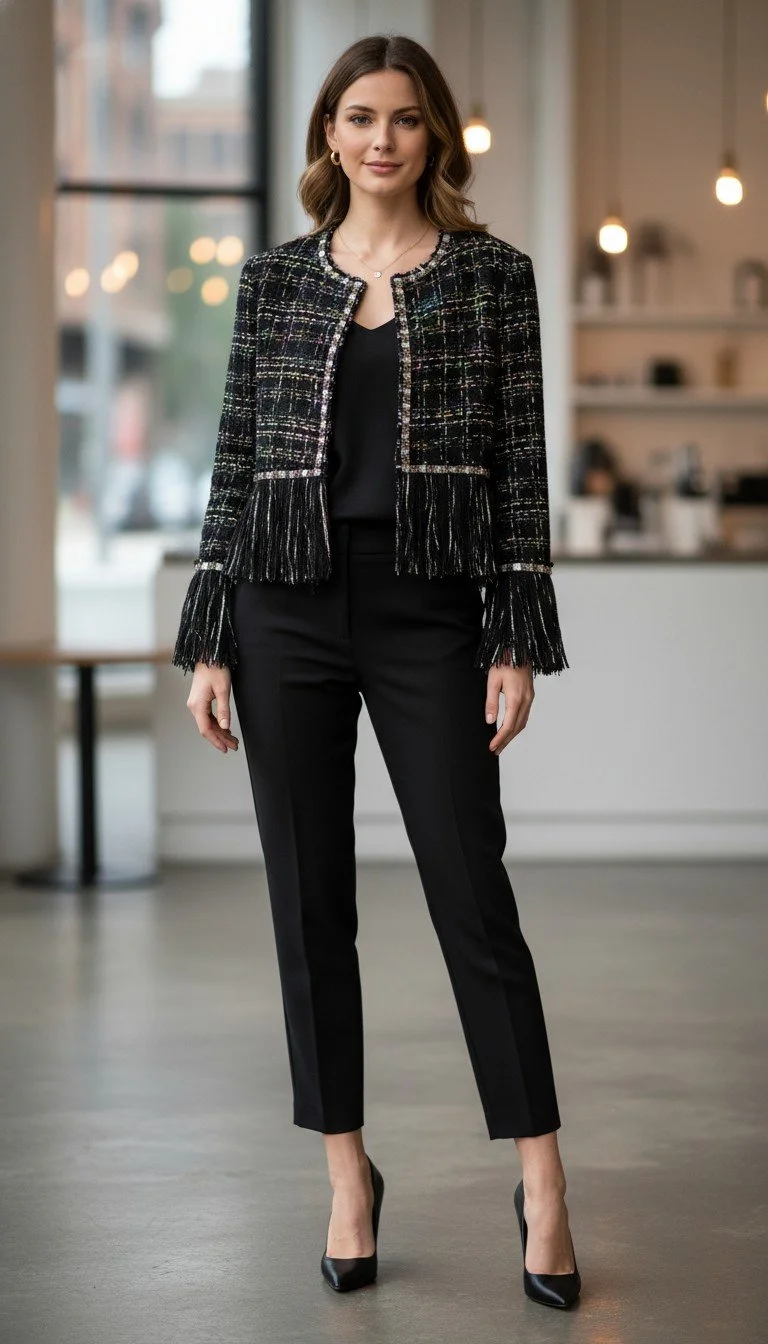 TIG - Chic Black Tweed Fringe Jacket Size 2/4