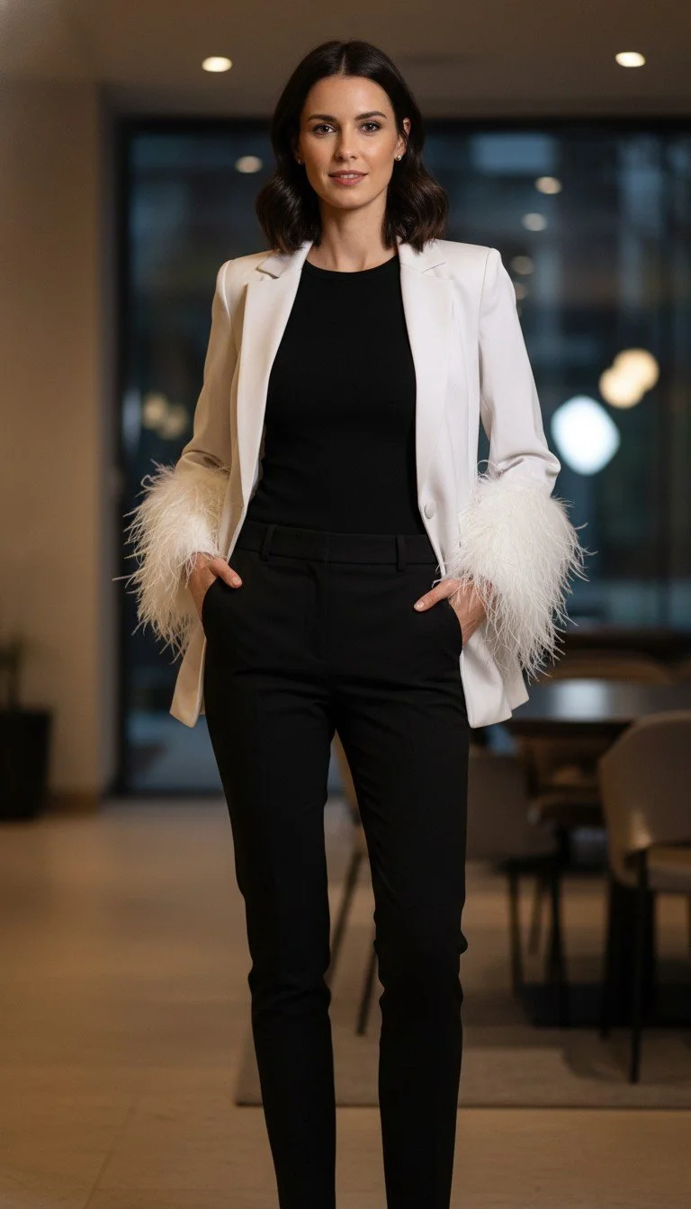 Alice + Olivia - White Blazer with Feathered Cuffs Size 2