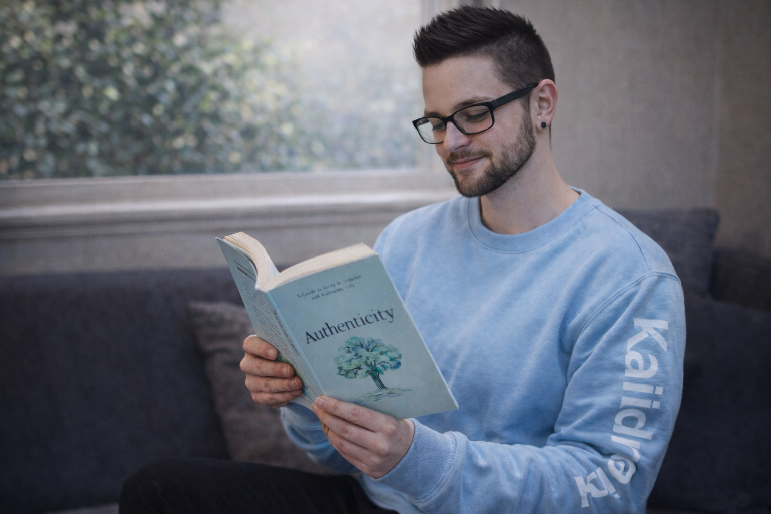 A young man with short dark hair, glasses, and facial hair, wearing a light blue sweatshirt with white text on the sleeve, is sitting on a dark gray couch, reading a book titled "Authenticity" with a tree illustration on the cover. There is a window with a view of greenery behind him.