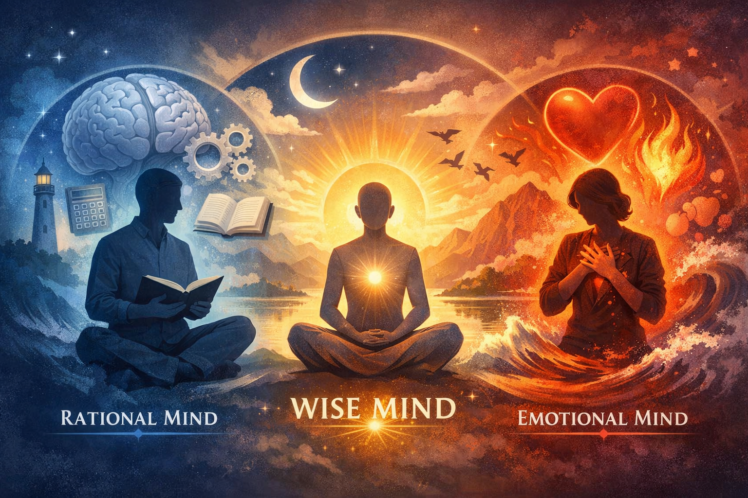 An illustration depicting three individuals representing different mind types: a man on the left with a blue background representing a rational mind, a person in the center with a glowing light in the chest representing a wise mind, and a woman on the right with a fiery background representing an emotional mind. Surrounding them are symbolic elements like a brain, gears, a book, a calculator, a lighthouse, a crescent moon, flying birds, and fiery hearts, set against a sunset over mountains and water.