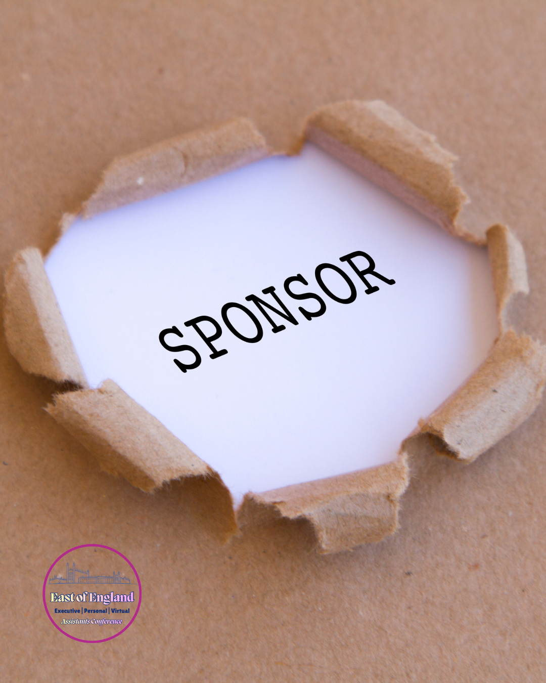 A torn brown paper reveals a white inner paper with the word "spONSOR" written on it in black letters. There is a small pink and blue logo in the bottom left corner.