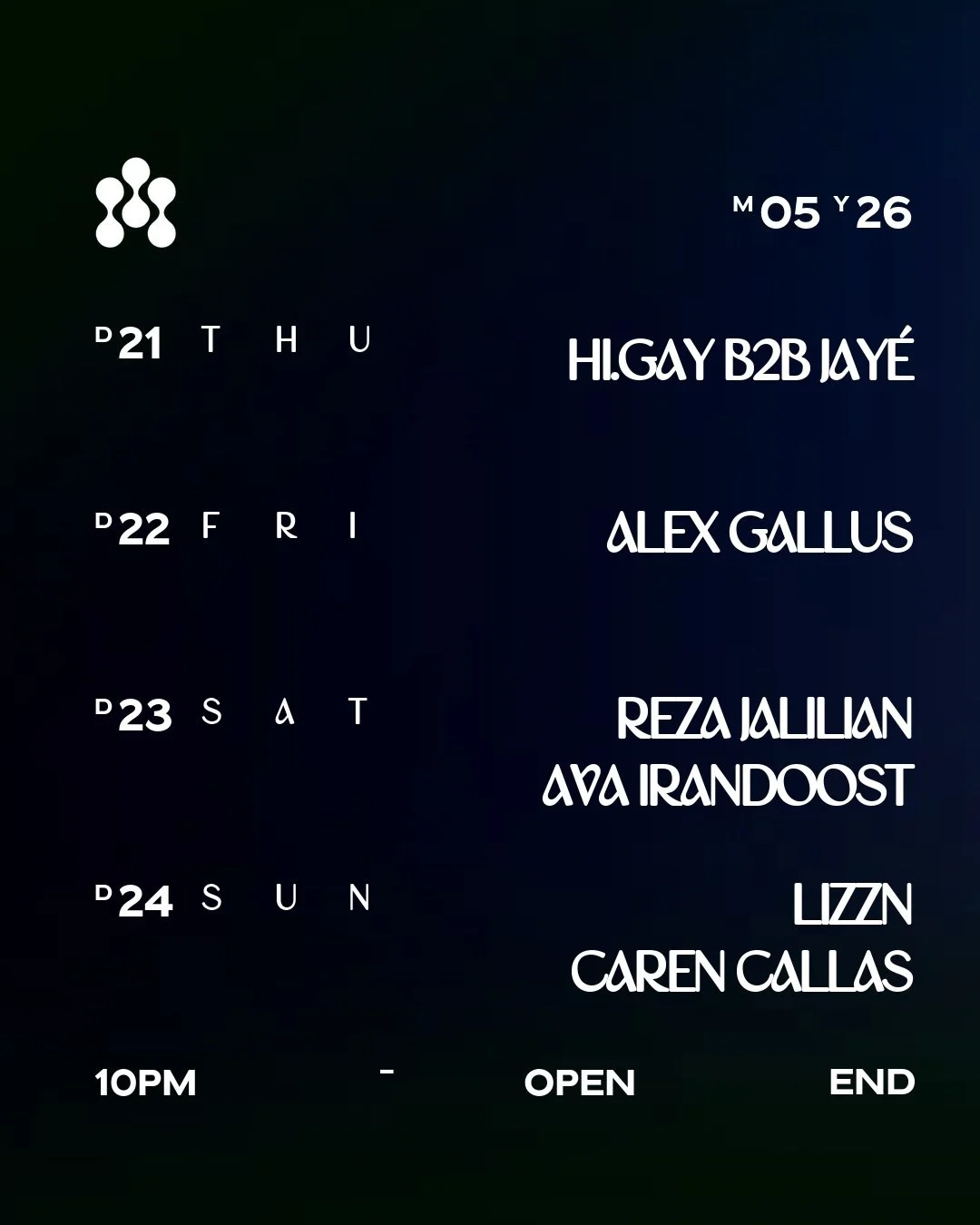 4 Days 4 Days 4 Days 🕺💃
.
Do. 21.05. // HI.GAY (@hi.gay030) B2B JAY&Eacute; (@jaye_berlin_)
Fr. 22.05. // ALEX GALLUS (@alexgallus)
Sa. 23.05. // REZA JALILIAN (@rezajalilian) AVA IRANDOOST (@ava_irandoost)
So. 24.05. // LIZZN (@lizzn.dj) CAREN CAL
