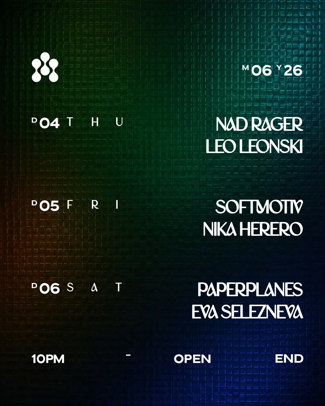 Warm Nights at Georgia 💐
.
Do. 04.06. // NAD RAGER (@nadinerager) LEO LEONSKI (@leo.leonski)
Fr. 05.06. // SOFTMOTIV (@flieder_und_beton) NIKA HERERO (@nika.herero)
Sa. 06.06. // PAPERPLANES (@paper_planes____) EVA SELEZNEVA (@evaseleznevaa)
Ab 22 U