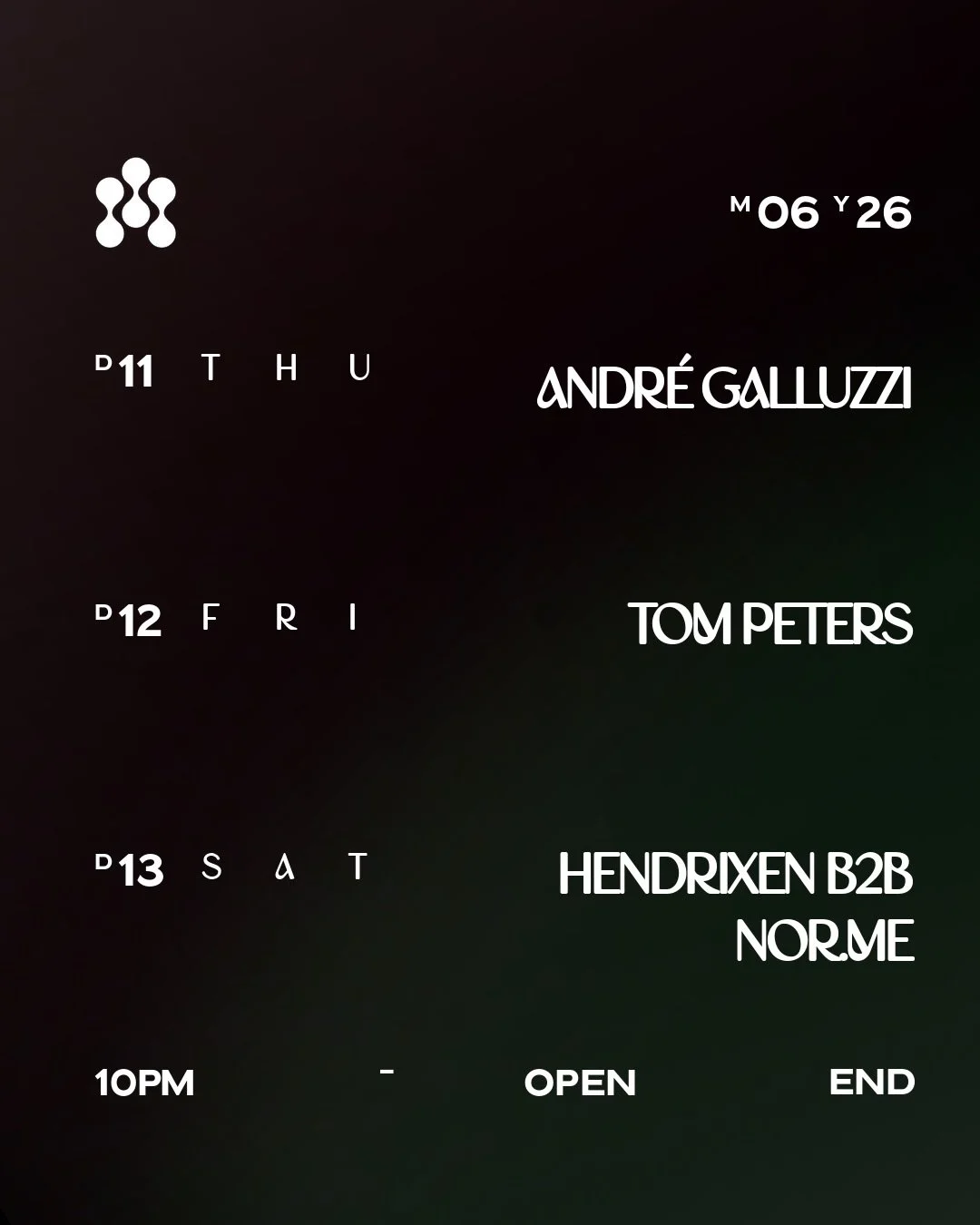 This Week at Georgia 💐
.
Do. 11.06. // ANDR&Eacute; GALLUZZI (@andregalluzzi_official)
Fr. 12.06. // TOM PETERS (@tompetersworld)
Sa. 13.06. // HENDRIXEN (@hendrixenmusic) B2B NOR.ME (@norme.dj)
Ab 22 Uhr
Wir freuen uns auf euch ❤️
.
.
.
.
.
#georgi