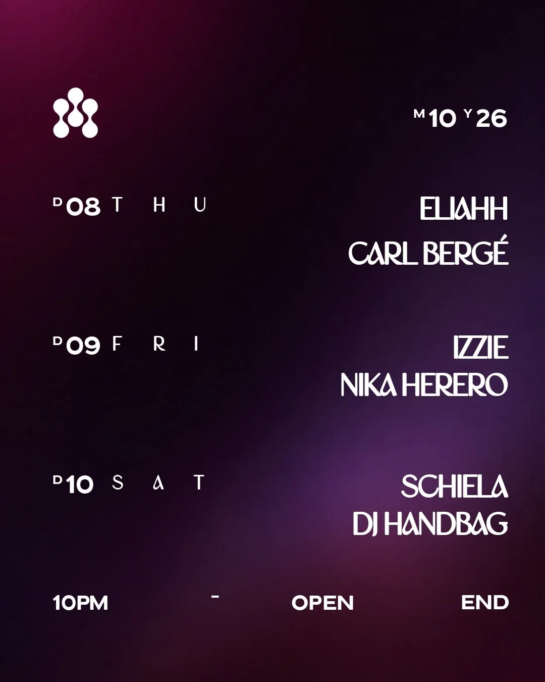 Golden October at Georgia 🍂
.
Do. 08.10. // ELIAHH @eliahh.music CARL BERG&Eacute; @carl.berge44 
Fr. 09.10. // IZZIE @filledejwa NIKA HERERO @nika.herero 
Sa. 10.10. // SCHIELA @schi3la DJ HANDBAG @handbag_dj 
Ab 22 Uhr
Wir freuen uns auf euch ❤️
.