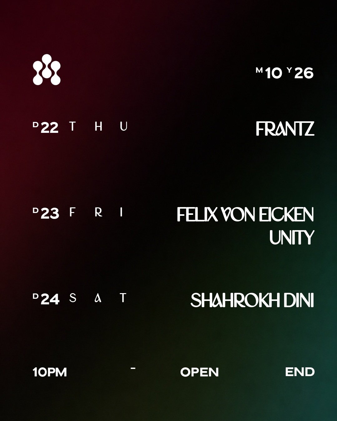 3 Nights of Autumn at Georgia 🍂
.
Do. 22.10. // FRANTZ @frantztechno 
Fr. 23.10. // FELIX VON EICKEN @felixvoneicken UNITY @creatingunity 
Sa. 24.10. // SHAHROKH DINI @shahrokh_dini 
Ab 22 Uhr
Wir freuen uns auf euch ❤️
.
.
.
.
.
#georgiabarberlin #