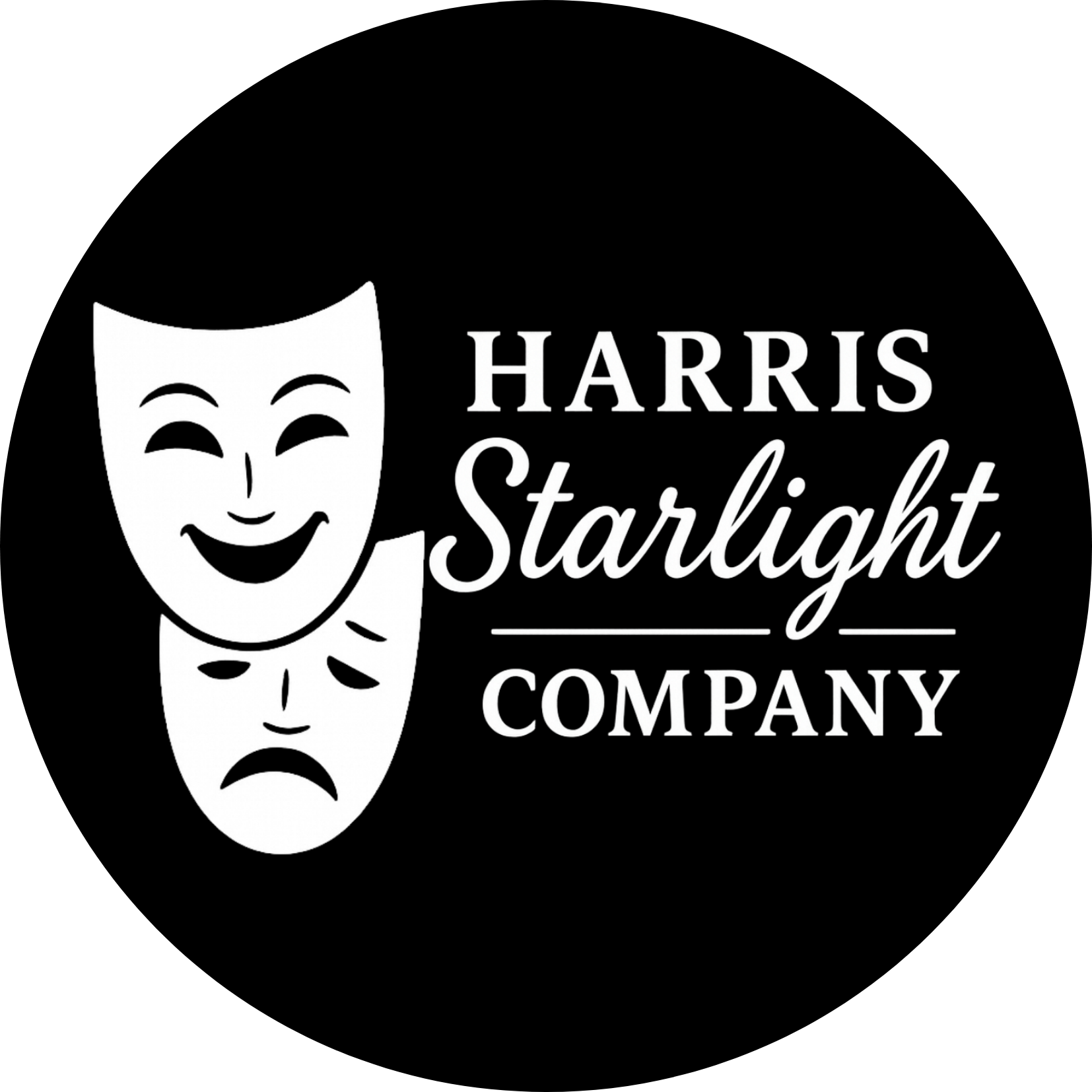 Logo of Harris Starlight Company featuring two theatrical masks, one happy and one sad, with the company name written in stylized text.