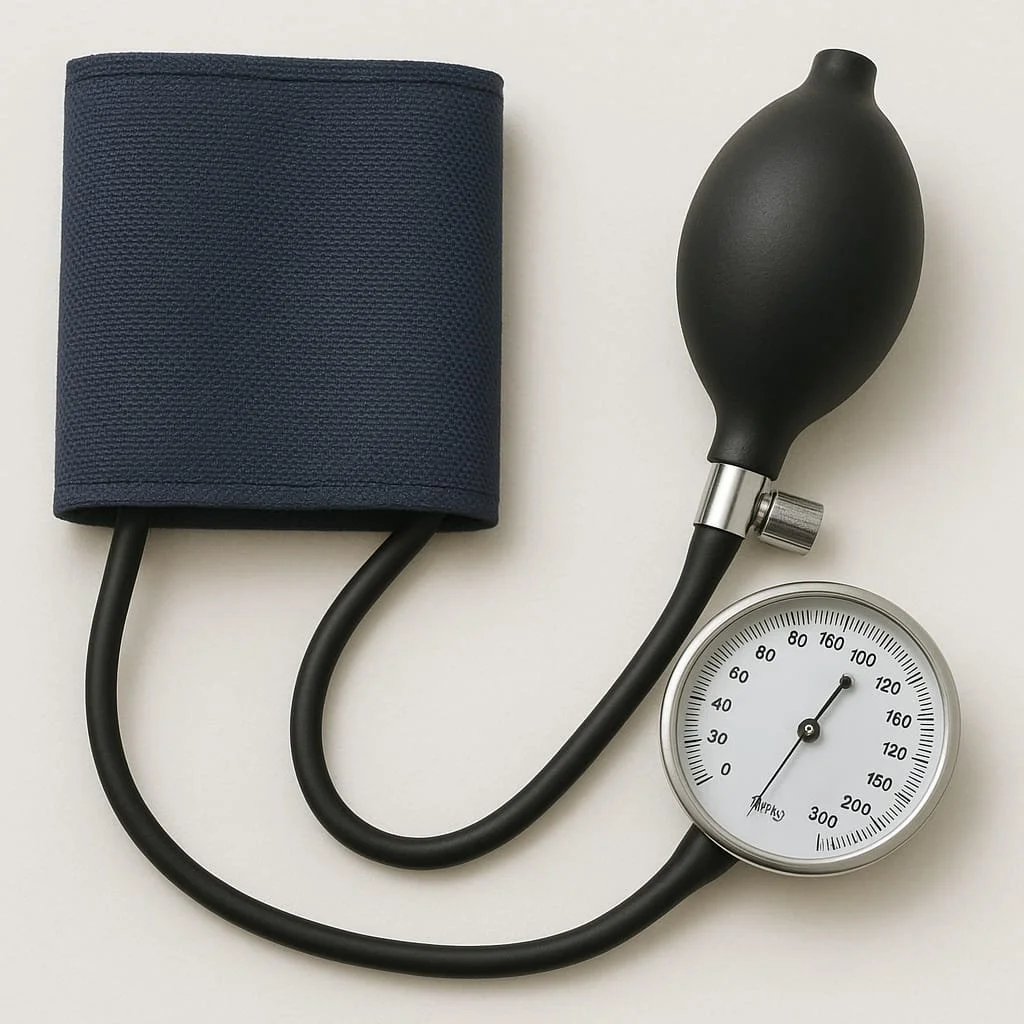 Digital blood pressure monitor with cuff, rubber bulb, and gauge