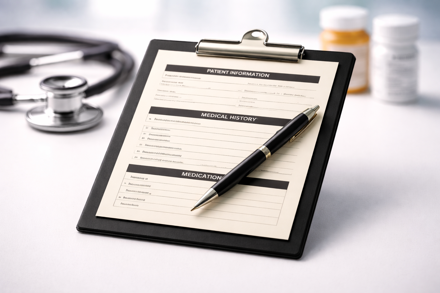 Medical clipboard with patient information, medical history, and medication forms with a pen, stethoscope, and medicine bottles on a white surface.