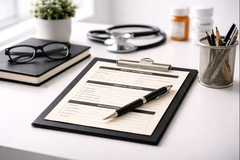 Medical documents on a clipboard with a pen, glasses, a stethoscope, medication bottles, and office supplies on a white desk.