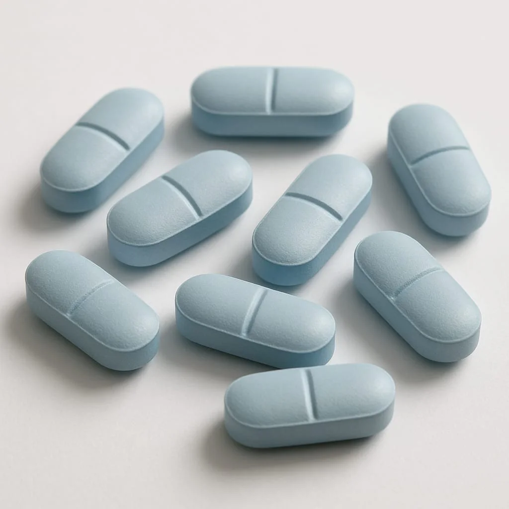 Several blue capsules pills scattered on a white surface.