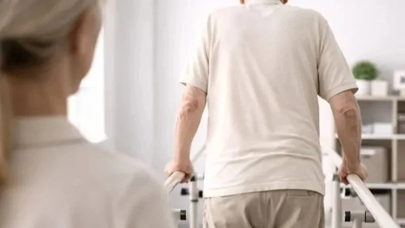 A person using parallel bars for rehabilitation exercises in a clinical or home setting, watched by a woman.