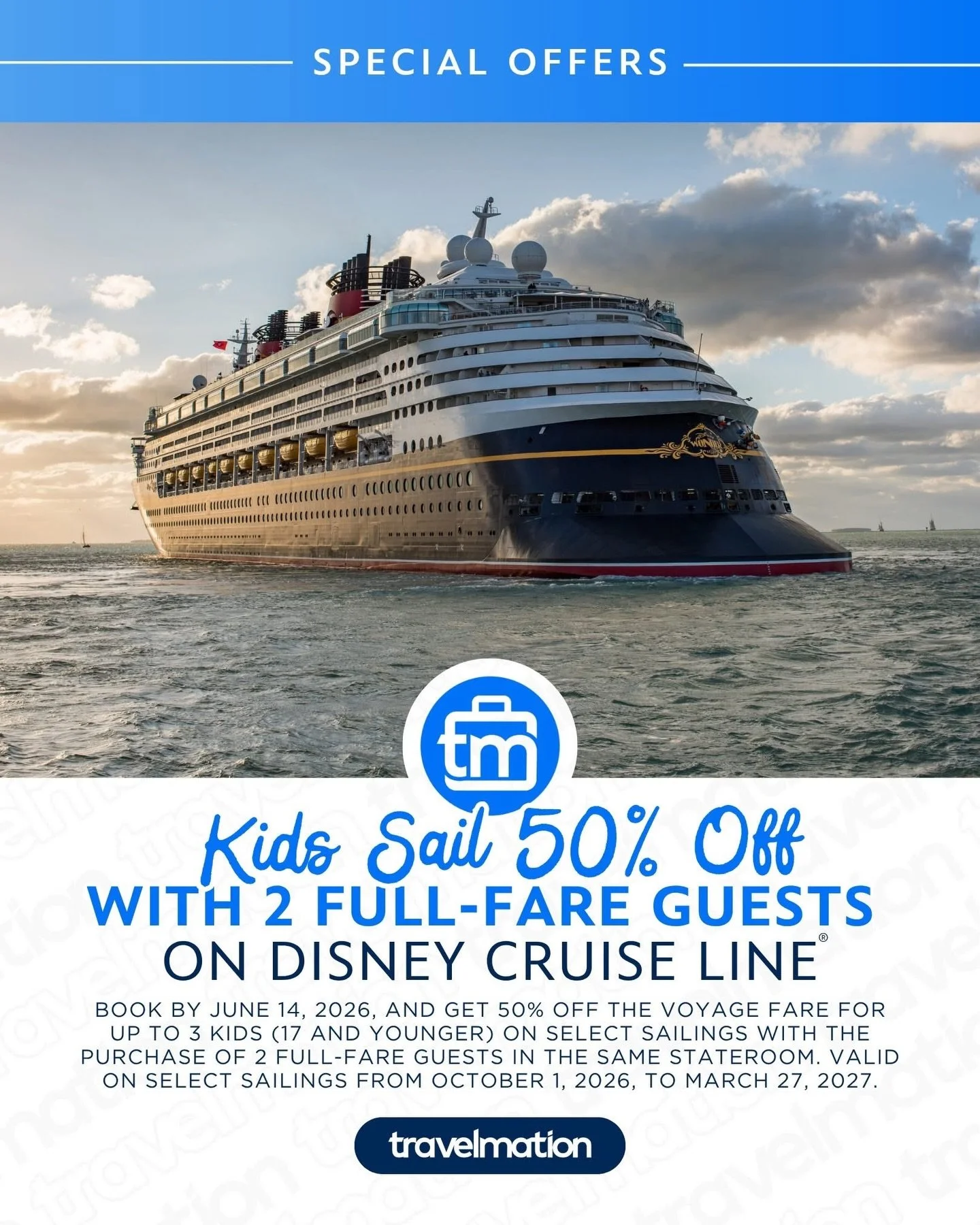 A Disney cruise just got more affordable and I&rsquo;m here for it 🙌🚢 

Kids sail 50% off on select sailings Oct 2026&ndash;March 2027 when booked with 2 full-fare guests. 

Book by June 14th &mdash; DM me or tap the link in bio to get started!

#t