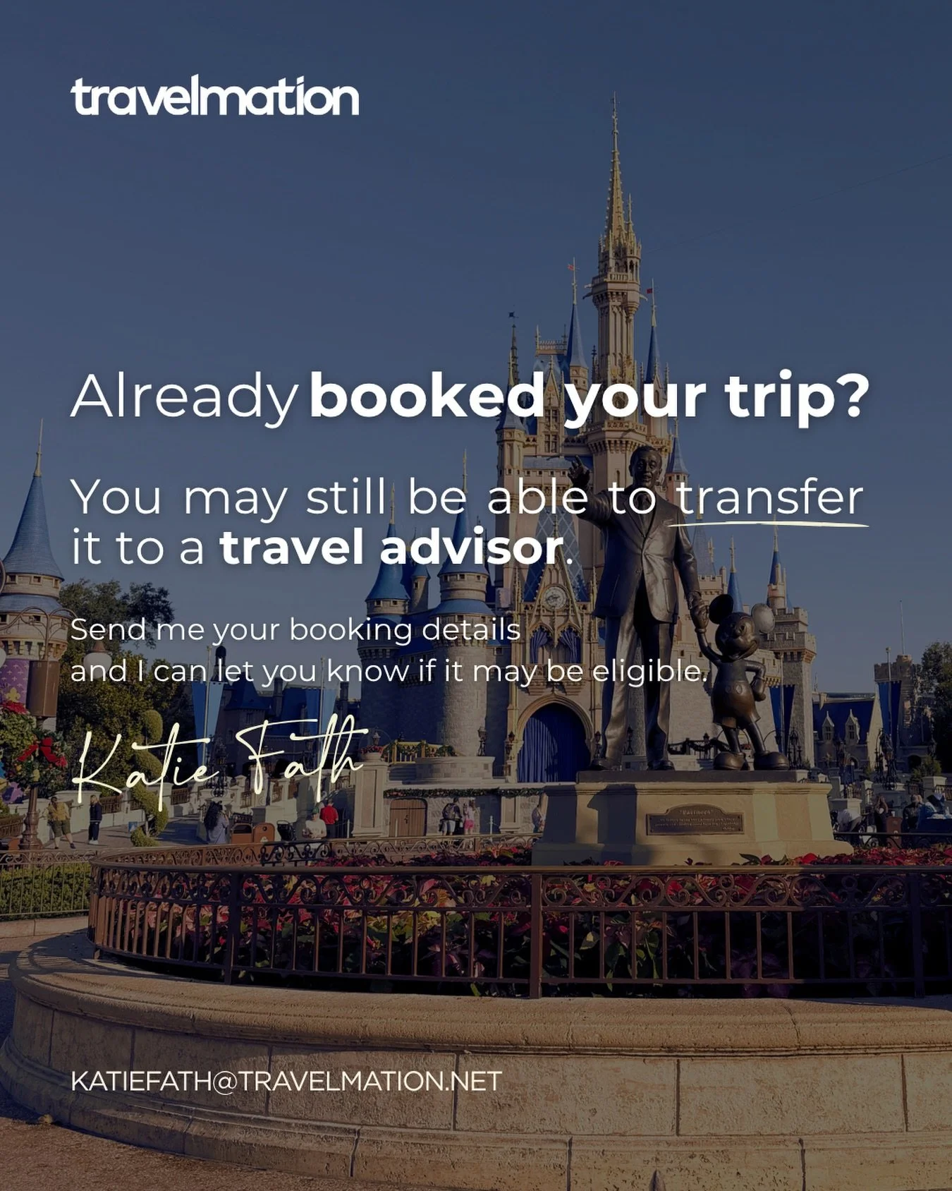 Already booked your trip but wishing you had a little backup? Same, honestly &mdash; and you might not be out of options.

Depending on where you booked and how recently, you may be able to transfer your reservation to me as your travel advisor. Same