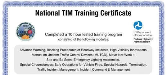 National TIM Training Certificate issued by the U.S. Department of Transportation for a 10-hour road safety training program, featuring modules on warning systems, traffic control, emergency lighting, and fire safety.