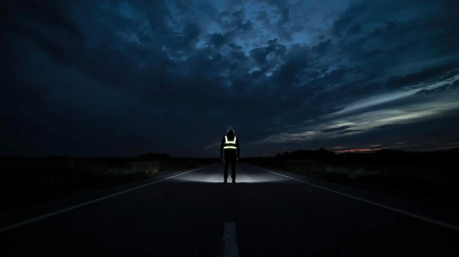 A person in a reflective vest standing in the middle of a dark, deserted road at dusk or night, facing away, with a cloudy sky overhead.