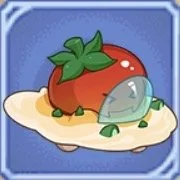 A cartoon-style strawberry with a green leafy top and a small gray fish in front of it on a white plate.